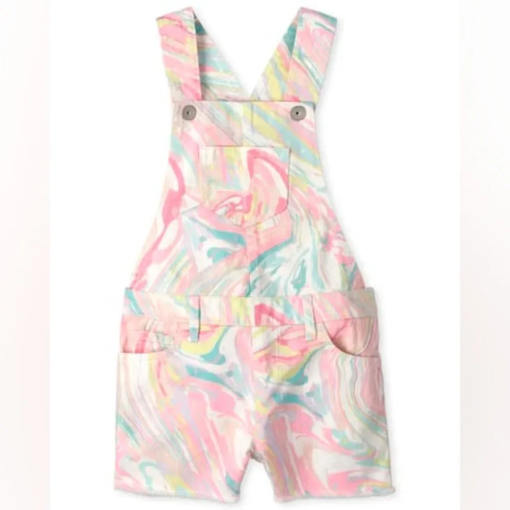 The Children's Place Pastel Pink Marble Print Twill Shortalls Overalls 12 NWT